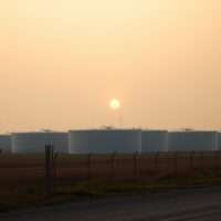 Brent crude oil storage tanks at sunset, representing muted market reaction to geopolitical events