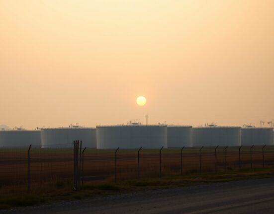 Brent crude oil storage tanks at sunset, representing muted market reaction to geopolitical events