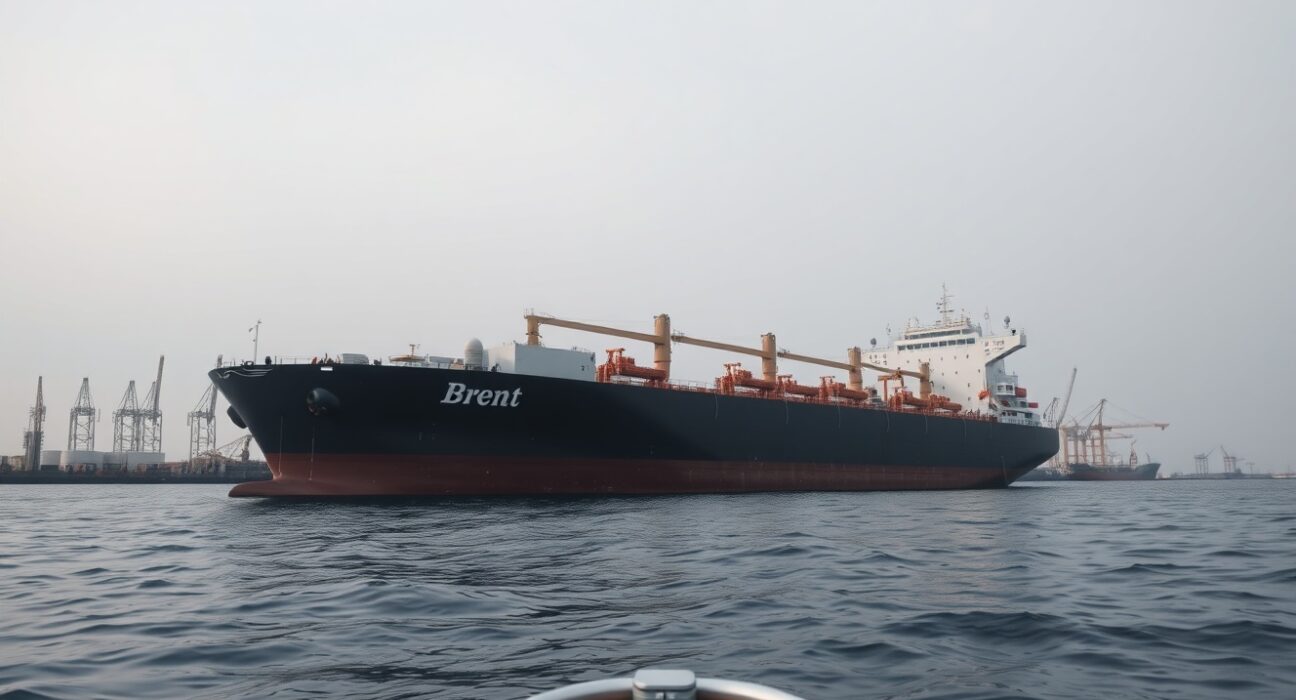 Brent crude oil tanker at offshore terminal representing steady oil prices near recent highs, Deutsche Bank analysis.