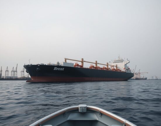 Brent crude oil tanker at offshore terminal representing steady oil prices near recent highs, Deutsche Bank analysis.