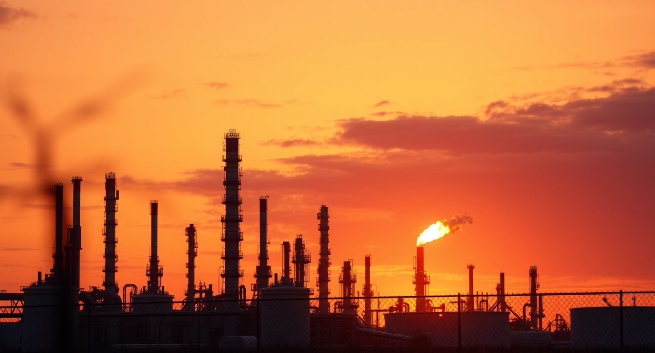 Oil refinery at dusk with flare stack burning, representing rising crude oil prices and geopolitical risk.