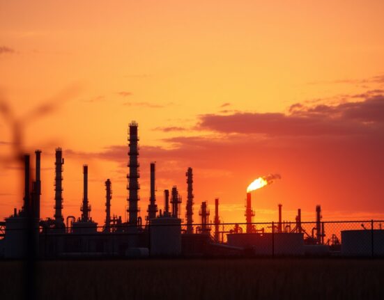 Oil refinery at dusk with flare stack burning, representing rising crude oil prices and geopolitical risk.