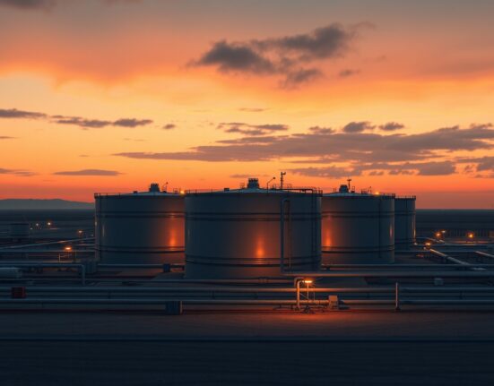 Brent crude oil storage facility at dusk, representing elevated oil prices due to geopolitical risk, as analyzed by Deutsche Bank.
