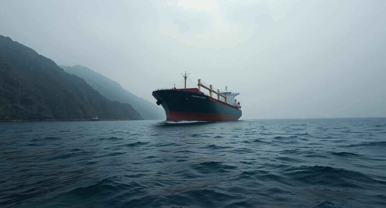 Oil tanker navigating the Strait of Hormuz amid geopolitical tensions affecting Brent crude oil prices