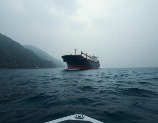 Oil tanker navigating the Strait of Hormuz amid geopolitical tensions affecting Brent crude oil prices