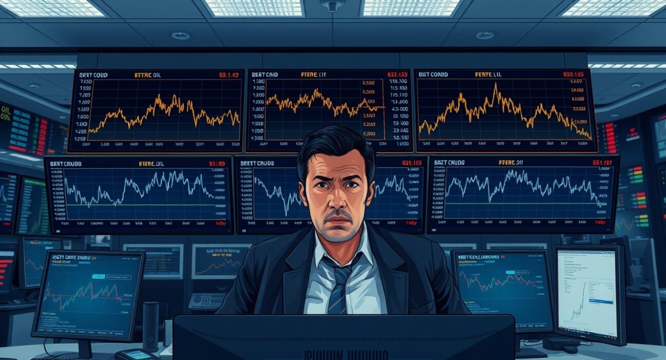 Energy trader analyzing volatile Brent crude oil price charts amid geopolitical uncertainty