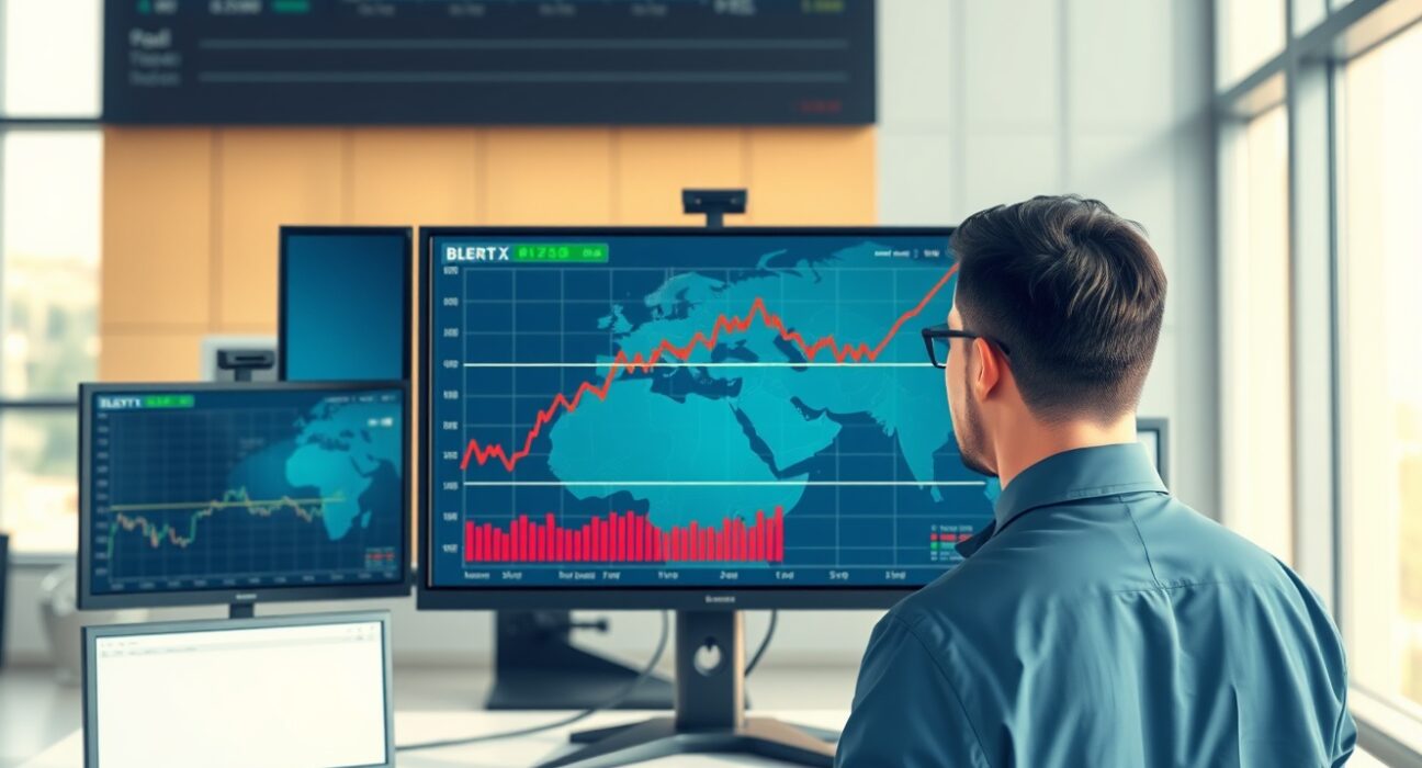 Financial analyst monitoring Brent crude oil price chart amid Middle East geopolitical tensions.