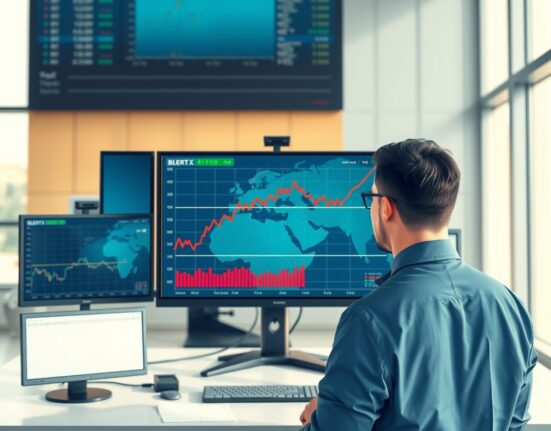 Financial analyst monitoring Brent crude oil price chart amid Middle East geopolitical tensions.