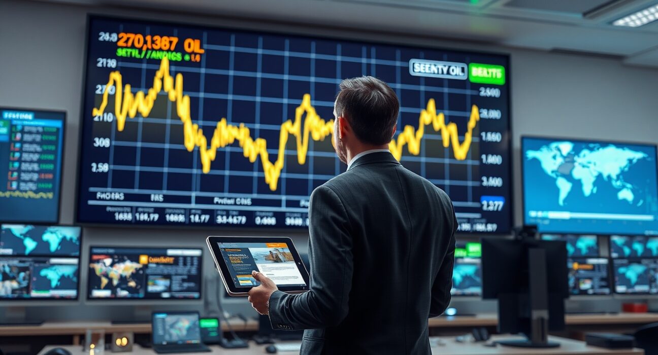 Analyst monitoring volatile Brent crude oil prices on trading floor display amid geopolitical news.