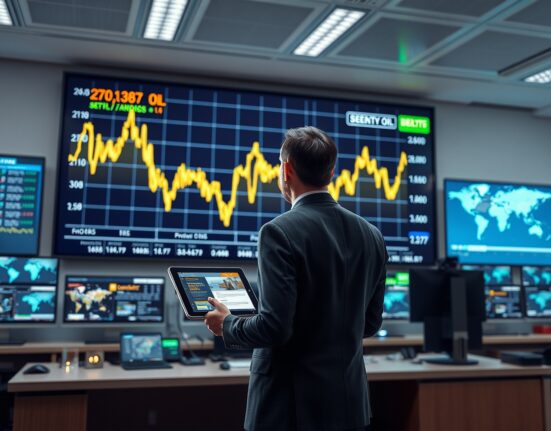 Analyst monitoring volatile Brent crude oil prices on trading floor display amid geopolitical news.