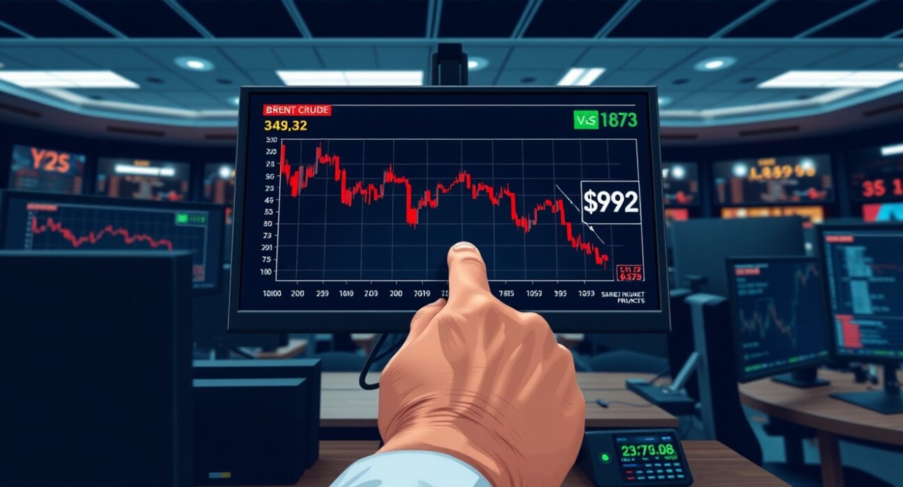 Oil price charts showing Brent crude decline to $92 per barrel on trading desk monitors
