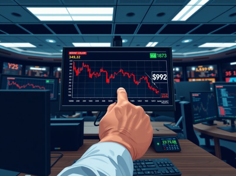 Oil price charts showing Brent crude decline to $92 per barrel on trading desk monitors