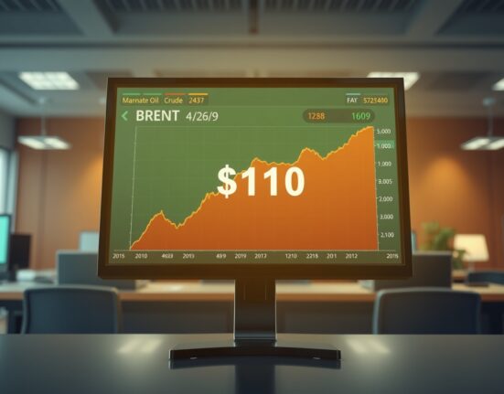 Brent crude oil price chart breaking above $110 per barrel on a trading terminal.
