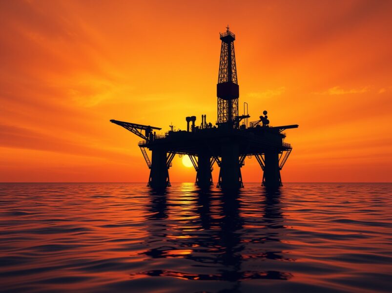 Brent crude oil drilling platform at sunset, symbolizing rising energy prices and their impact on US Dollar and Treasury yields.