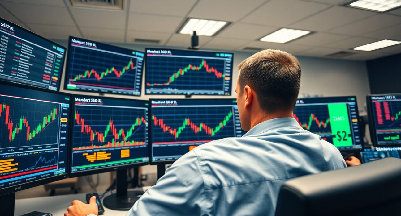 Commodities trader analyzing Brent crude oil price charts and market data in trading environment