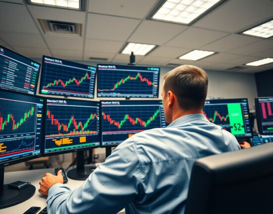 Commodities trader analyzing Brent crude oil price charts and market data in trading environment