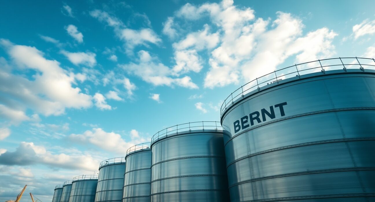 Aerial view of Brent crude oil storage tanks at a port facility under cloudy sky.