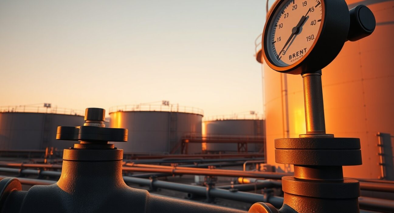 Brent crude oil storage facility at sunset with pipeline valve in foreground
