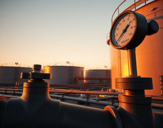 Brent crude oil storage facility at sunset with pipeline valve in foreground