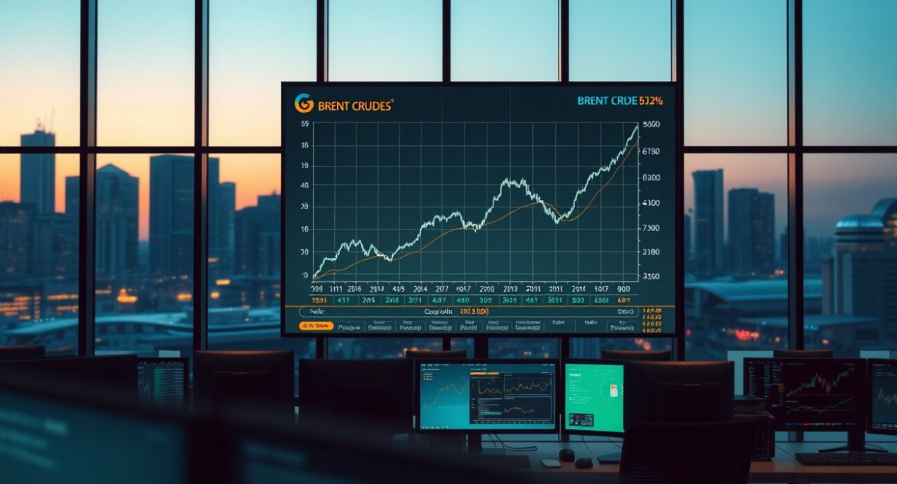 Brent crude oil price analysis on trading desk display showing moderated market trends