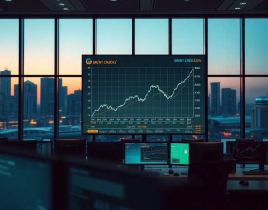 Brent crude oil price analysis on trading desk display showing moderated market trends