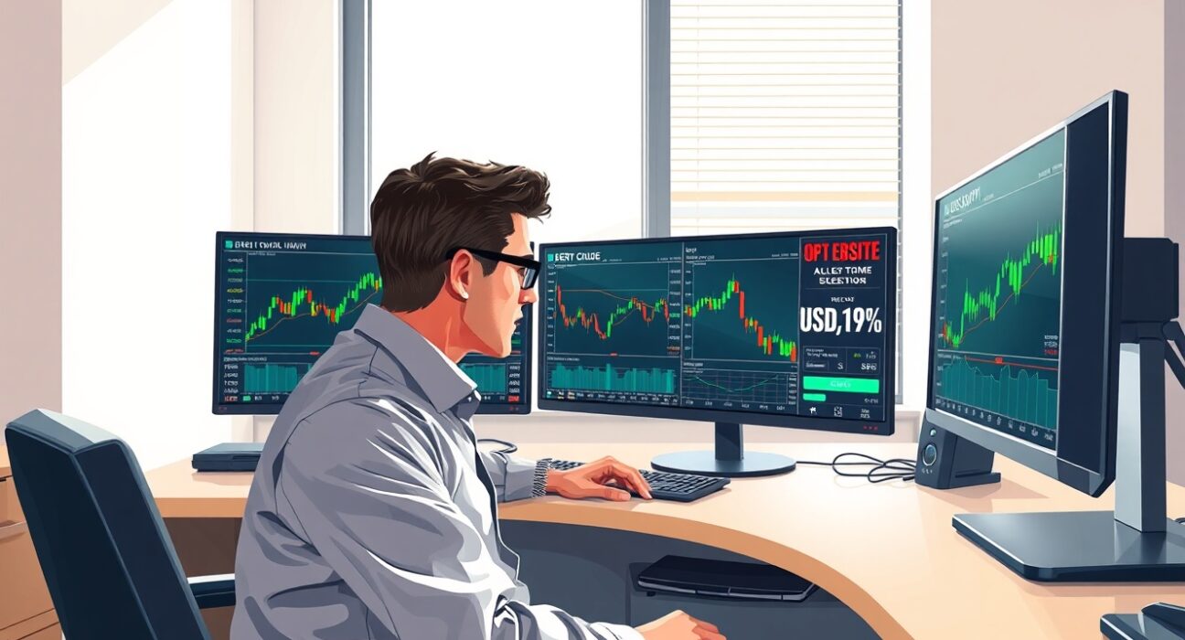 Financial analyst examining Brent crude oil and USD/JPY correlation data in trading environment