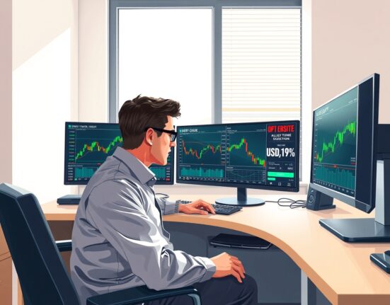 Financial analyst examining Brent crude oil and USD/JPY correlation data in trading environment