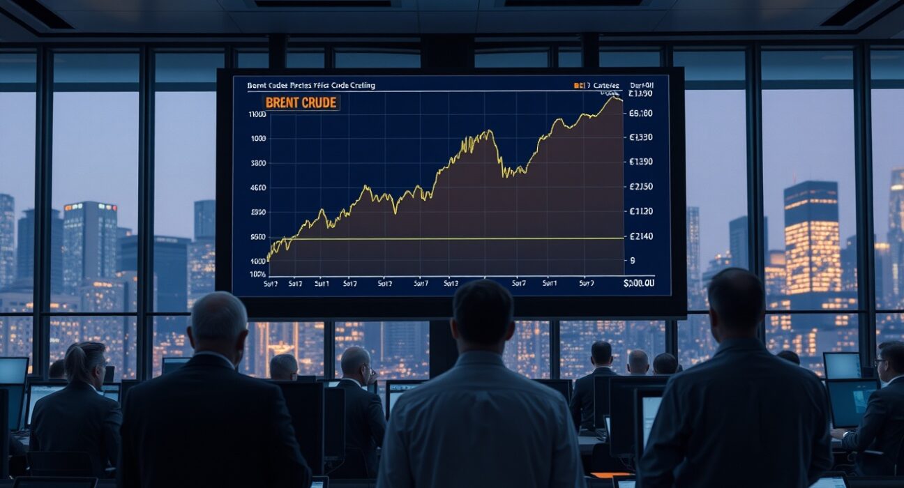 Brent crude oil price chart analysis on a trading floor screen, showing market resilience.