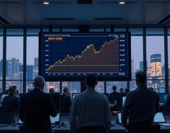 Brent crude oil price chart analysis on a trading floor screen, showing market resilience.
