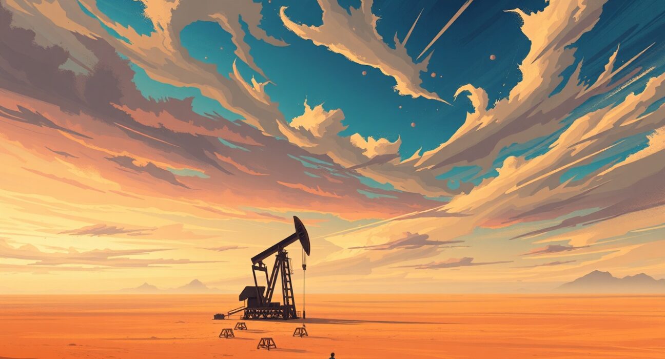Brent crude oil price surge driven by geopolitical market tensions visualized in art.