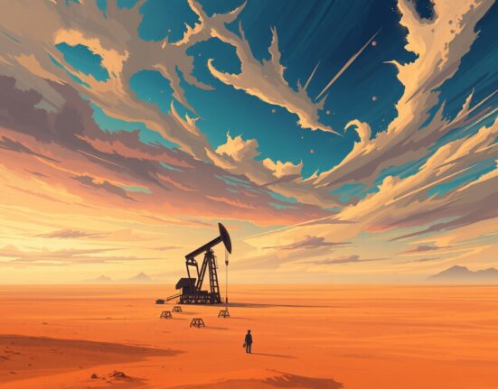 Brent crude oil price surge driven by geopolitical market tensions visualized in art.