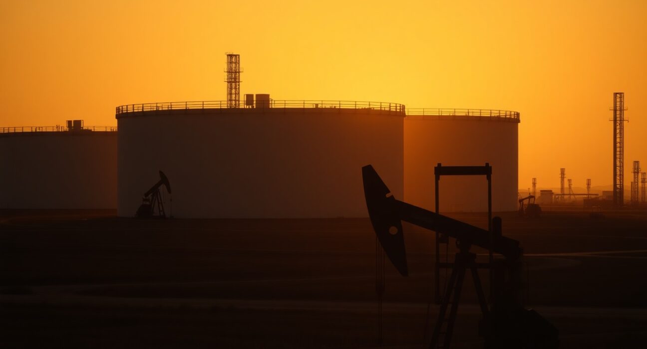 Oil pumpjack silhouette against sunset with storage tanks in background, representing Brent crude market pullback.