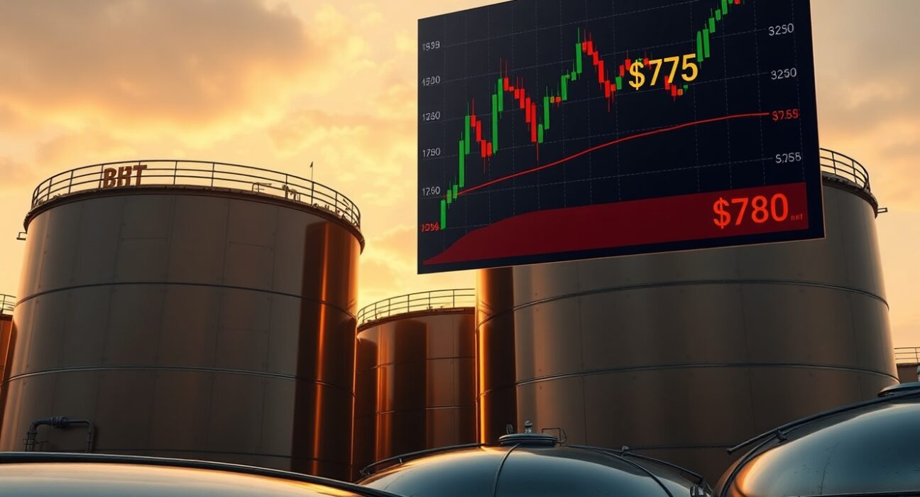 Brent crude oil storage tanks with chart overlay showing pullback phase and key support levels from Societe Generale analysis.