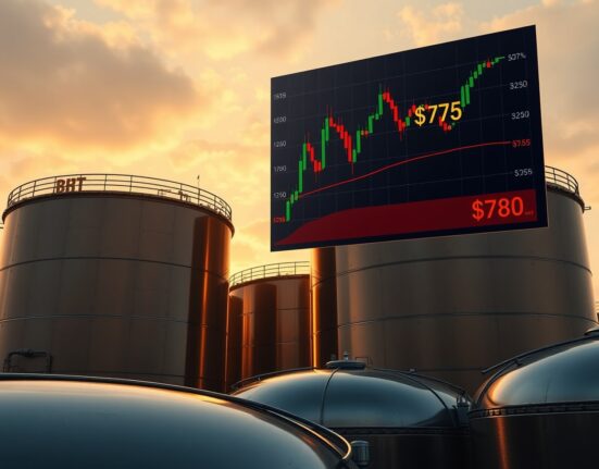 Brent crude oil storage tanks with chart overlay showing pullback phase and key support levels from Societe Generale analysis.