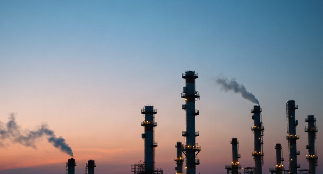 Oil refinery at dusk, symbolizing crude oil supply and global energy markets.
