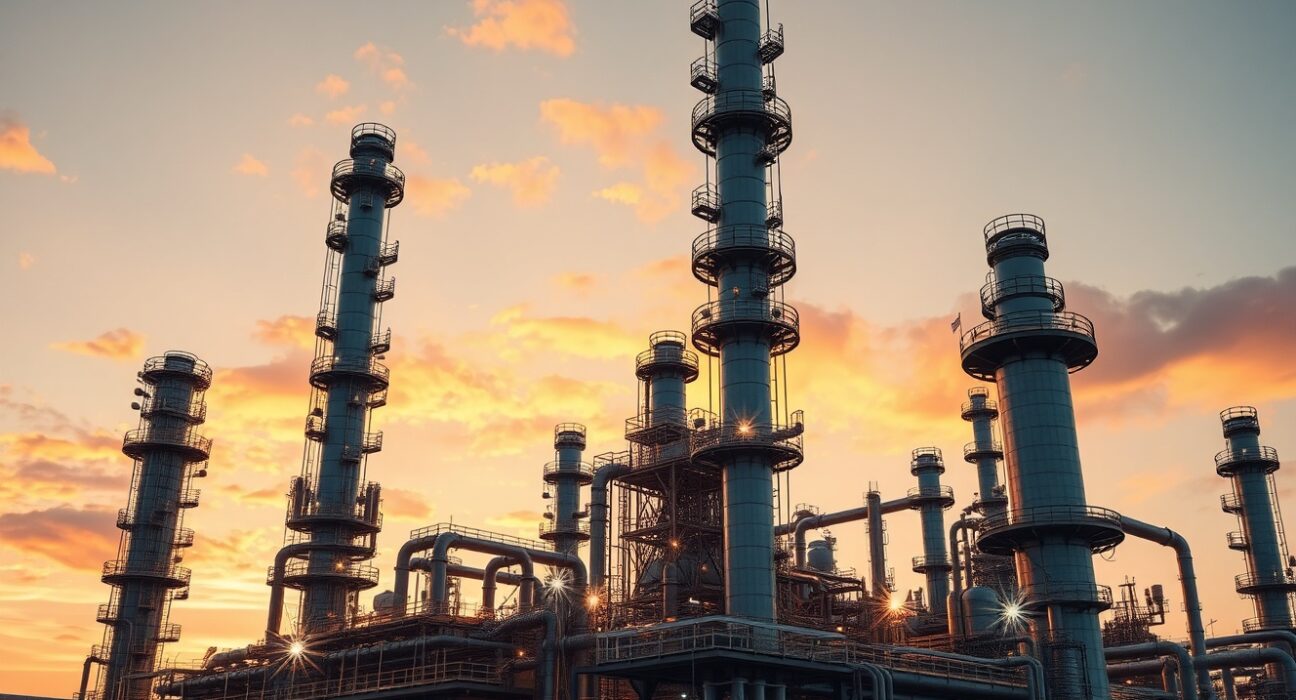 Oil refinery at sunset with distillation columns and piping