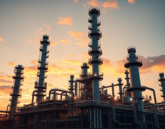 Oil refinery at sunset with distillation columns and piping