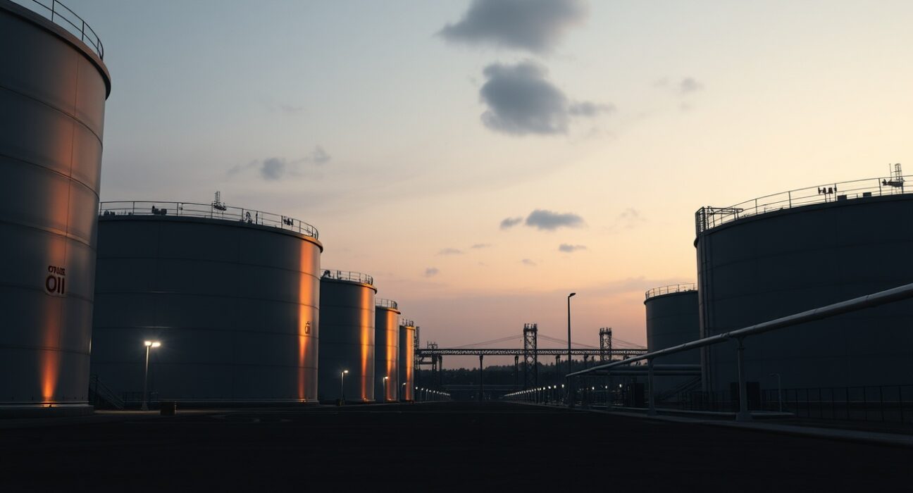 Aerial view of oil storage tanks at a refinery during twilight, symbolizing market uncertainty.