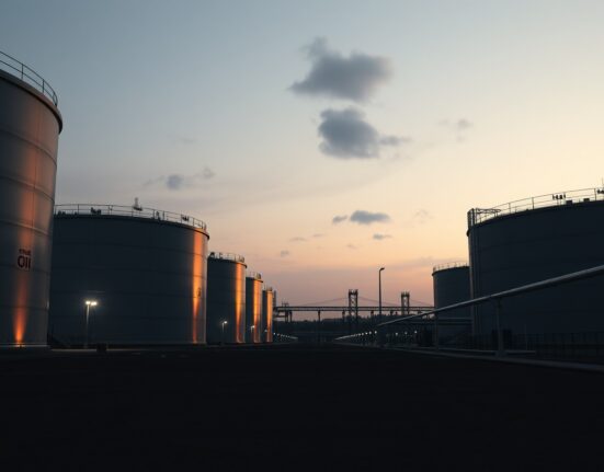 Aerial view of oil storage tanks at a refinery during twilight, symbolizing market uncertainty.