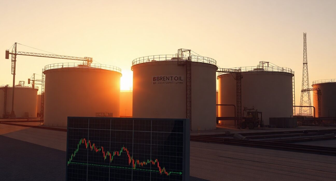 Oil storage tanks at sunset with Brent crude price chart in foreground