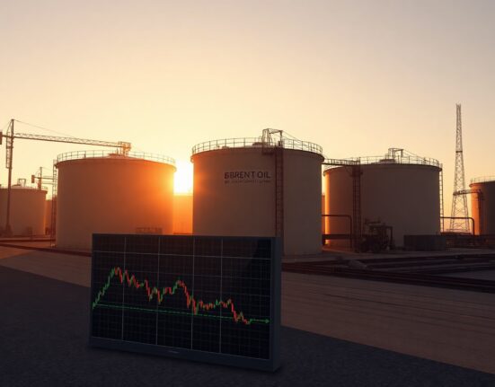 Oil storage tanks at sunset with Brent crude price chart in foreground