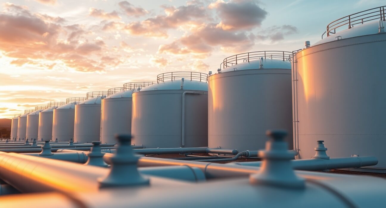 Brent crude oil storage tanks at sunset, illustrating oil market sensitivity to geopolitical headlines.