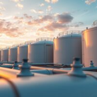 Brent crude oil storage tanks at sunset, illustrating oil market sensitivity to geopolitical headlines.