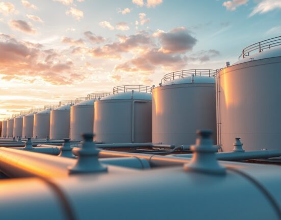 Brent crude oil storage tanks at sunset, illustrating oil market sensitivity to geopolitical headlines.