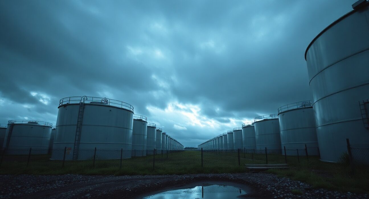 Brent crude oil storage tanks at dusk under overcast sky