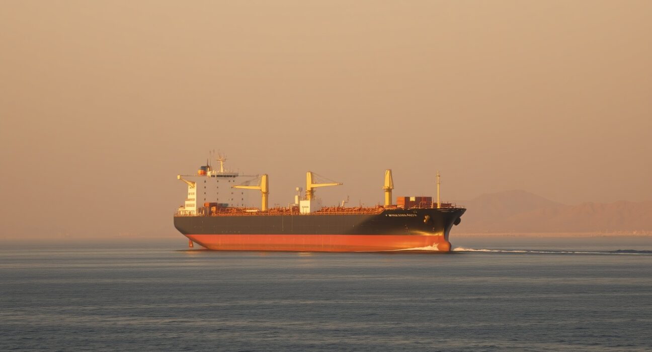 Oil tanker navigating the Strait of Hormuz under a hazy sunset, illustrating geopolitical supply risk.