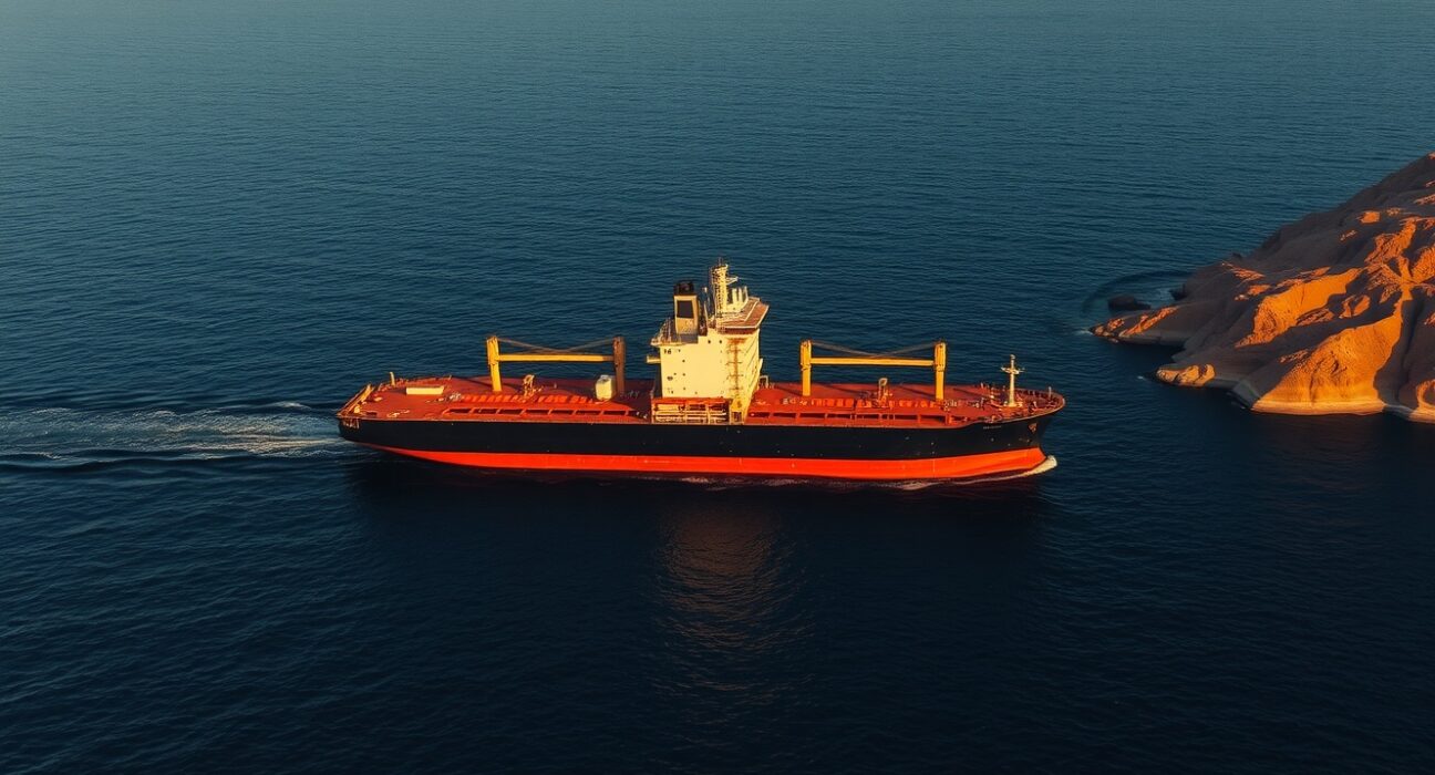 Oil tanker navigating strategic Strait of Hormuz as Brent crude prices react to geopolitical risks