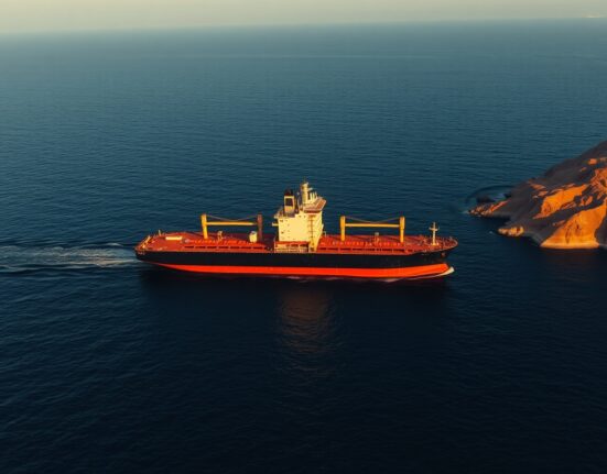 Oil tanker navigating strategic Strait of Hormuz as Brent crude prices react to geopolitical risks