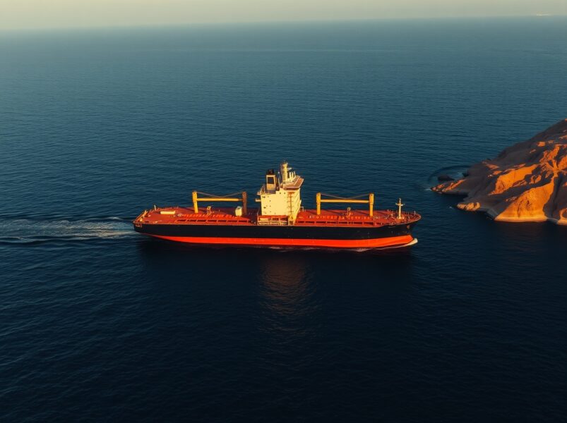 Oil tanker navigating strategic Strait of Hormuz as Brent crude prices react to geopolitical risks