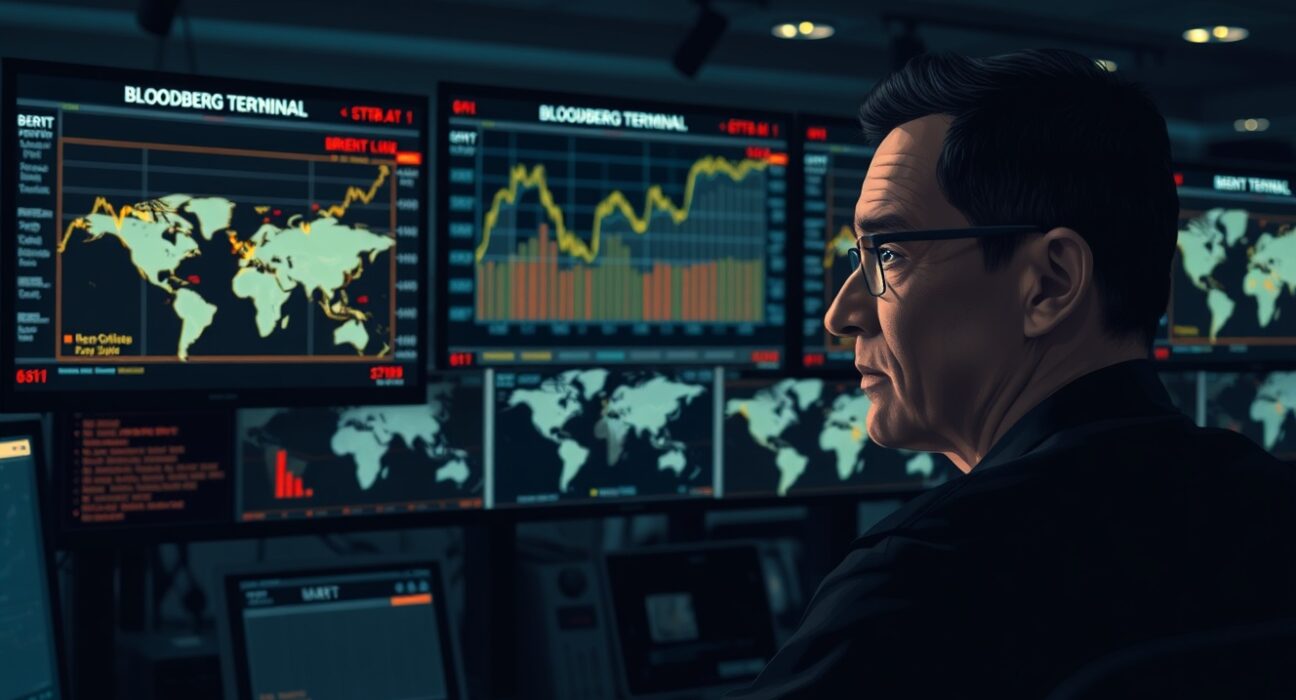 Financial analyst monitoring Brent crude oil price charts amid supply disruption risk assessment on trading desk